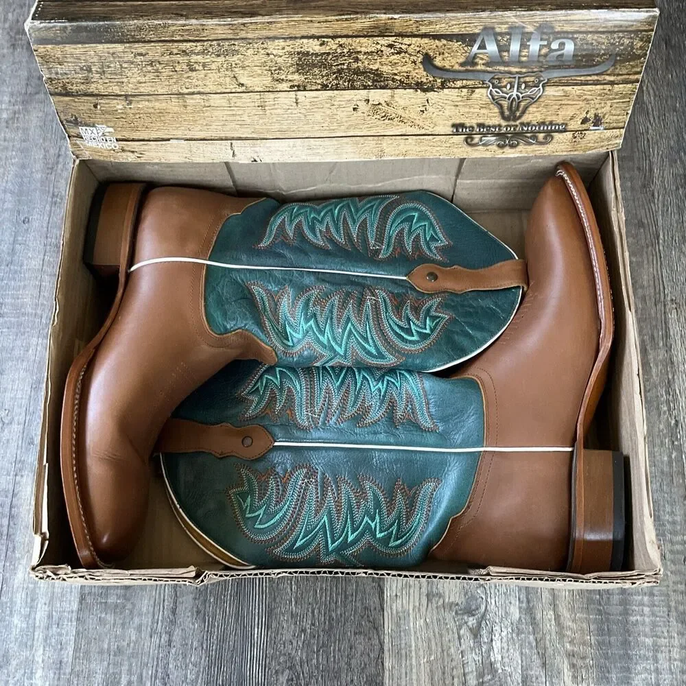 Alfa Western Wear Men's Cowboy Boots Square Toe Blue Green Leather Sz 12‎ Mexico
